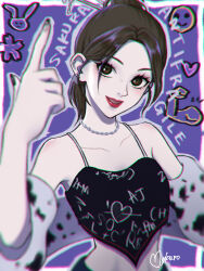 Rule 34 | 1girl, animification, artist name, black camisole, blurry, blurry foreground, blush, brown hair, camisole, character name, clip studio paint (medium), collarbone, earrings, hair behind ear, hair bun, hair ornament, hair stick, highres, jacket, jewelry, k-pop, le sserafim, makuroillust, midriff, miyawaki sakura, mole, mole on nose, off shoulder, open mouth, parted bangs, real life, red lips, single hair bun, smile, solo, song name, upper body, white jacket