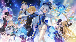 3boys 5girls aether_(genshin_impact) alternate_costume animal_ears ascot asymmetrical_gloves black_dress black_footwear black_gloves black_hat black_pants black_shorts black_vest blonde_hair blue_eyes blue_gloves blue_hat bow_(music) brown_hair cat_ears cat_girl clorinde_(genshin_impact) closed_eyes coat commentary_request dancing dress elbow_gloves freminet_(genshin_impact) furina_(genshin_impact) genshin_impact gloves grin hair_between_eyes halo hat highres holding holding_instrument holding_violin instrument long_hair long_sleeves looking_at_viewer lynette_(genshin_impact) lyney_(genshin_impact) mismatched_gloves mito_itsuki multiple_boys multiple_girls navia_(genshin_impact) night night_sky open_mouth paimon_(genshin_impact) pants puffy_long_sleeves puffy_sleeves purple_eyes purple_hair shirt short_shorts shorts sky sleeveless sleeveless_shirt smile star_(sky) starry_sky sweater top_hat triangle_(instrument) vest violin white_ascot white_coat white_gloves white_hair white_shirt white_shorts white_sweater white_vest yellow_eyes