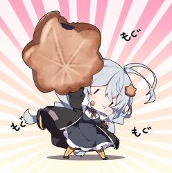 Rule 34 | 1girl, :t, antenna hair, arm up, black dress, black jacket, blush, braid, breasts, chibi, closed mouth, collared shirt, commentary request, dress, food, food on face, full body, fur-trimmed jacket, fur trim, grey hair, hair between eyes, highres, holding, holding food, jacket, kizuna akari, large breasts, long hair, long sleeves, milkpanda, mini person, minigirl, open clothes, open jacket, orange pantyhose, pantyhose, puffy cheeks, puffy long sleeves, puffy sleeves, shirt, solo, standing, striped clothes, striped pantyhose, sunburst, sunburst background, translation request, twin braids, vertical-striped clothes, vertical-striped pantyhose, very long hair, voiceroid, wavy mouth, white shirt, | |