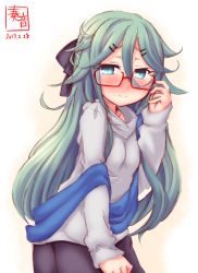 Rule 34 | 10s, 1girl, adjusting eyewear, alternate costume, bespectacled, blue eyes, blush, bow, casual, dated, glasses, green hair, hair between eyes, hair bow, hair ornament, hair ribbon, hairclip, highres, kanon (kurogane knights), kantai collection, long hair, looking at viewer, ribbon, simple background, sketch, solo, white background, yamakaze (kancolle)