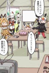 Rule 34 | 10s, 5girls, :d, ^ ^, aardwolf (kemono friends), animal ears, atlantic puffin (kemono friends), backpack, bad id, bad pixiv id, bag, bare shoulders, bird tail, bird wings, black hair, blonde hair, bow, bowtie, closed eyes, elbow gloves, extra ears, flying sweatdrops, food, gloves, hair between eyes, hat feather, head wings, helmet, high-waist skirt, highres, holding, indoors, jacket, japari bun, kaban (kemono friends), kemono friends, long sleeves, multicolored hair, multiple girls, necktie, no nose, open mouth, pantyhose, peeking out, pith helmet, pleated skirt, print gloves, print neckwear, print skirt, red eyes, red hair, red shirt, scarf, serval (kemono friends), serval print, serval tail, shirt, short hair, shorts, skirt, sleeveless, sleeveless shirt, smile, standing, stool, striped tail, table, tail, tanaka kusao, television, tent, translation request, tufted puffin (kemono friends), two-tone hair, videocassette, walking, white hair, wings