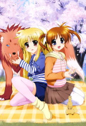 Rule 34 | 2girls, absurdres, arf, blonde hair, blue eyes, brown hair, casual, cherry blossoms, fangs, fate testarossa, feet, ferret, forehead jewel, highres, long hair, lyrical nanoha, multiple girls, no shoes, non-web source, nyantype, official art, one eye closed, petals, red eyes, seiza, short twintails, sitting, takamachi nanoha, thighhighs, twintails, very long hair, wolf, yuuno scrya, zettai ryouiki