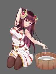Rule 34 | 1girl, absurdres, arm behind head, arm up, azur lane, belt, black thighhighs, blush, breasts, brown belt, brown hair, bucket, cleavage, collarbone, curled horns, dress, flower, garter straps, grey background, hair flower, hair ornament, hand in own hair, highres, horns, kneeling, large breasts, long hair, looking at viewer, open mouth, pink eyes, side slit, sleeveless, sleeveless dress, smile, suruga (azur lane), the hermit, thigh strap, thighhighs, water, wet, white dress, wooden bucket