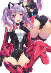 Rule 34 | 1girl, :d, alice gear aegis, ass, black gloves, blurry, boots, breasts, depth of field, elbow gloves, frilled leotard, frills, gloves, hand on own chest, head out of frame, highres, ichijou ayaka, kneeling, leotard, looking at viewer, multiple views, nagayori, open mouth, partially visible vulva, purple eyes, purple hair, red footwear, simple background, small breasts, smile, thigh boots, thighhighs, twintails, white background