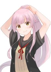 Rule 34 | 1girl, arms up, black jacket, bobokuboboku, commentary request, grey sailor collar, grey skirt, hair flaps, highres, jacket, kantai collection, long hair, looking at viewer, neck ribbon, pink hair, ponytail, red ribbon, ribbon, sailor collar, school uniform, serafuku, short sleeves, simple background, skirt, smile, solo, upper body, very long hair, white background, yura (kancolle), yura kai ni (kancolle)
