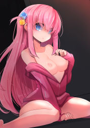 Rule 34 | 1girl, :o, blue eyes, bocchi the rock!, bra, breasts, cleavage, cube hair ornament, gotoh hitori, hair between eyes, hair ornament, highres, indoors, jacket, large breasts, long hair, looking at viewer, open mouth, pink hair, pink jacket, simple background, sitting, solo, track jacket, underwear, wariza, white bra, zipper