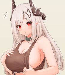 Rule 34 | 1girl, arknights, black tank top, breasts, clothes pull, collar, demon horns, flying sweatdrops, grey background, hair ornament, highres, horns, infection monitor (arknights), large breasts, long hair, looking at viewer, mudrock (arknights), mudrock (elite ii) (arknights), open mouth, pointy ears, red eyes, risshu, shirt pull, simple background, solo, sweatdrop, tank top, upper body, white hair