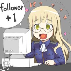 Rule 34 | 1girl, :d, anachronism, blonde hair, computer, ascot, drawfag, english text, eyebrows, flower, glasses, grey background, happy, heart, heart in mouth, keyboard (computer), long hair, long sleeves, lowres, military, military uniform, monitor, open mouth, perrine h. clostermann, rimless eyewear, shirt, smile, solo, speech bubble, strike witches, uniform, upper body, world witches series, yellow eyes