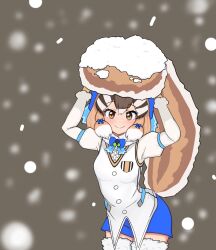 Rule 34 | 1girl, brown eyes, brown hair, chipmunk girl, chipmunk tail, gloves, highres, kemono friends, kemono friends v project, looking at viewer, microphone, ribbon, shirt, short hair, shorts, siberian chipmunk (kemono friends), simple background, snow, solo, tail, tengt e, thighhighs, vest, virtual youtuber