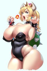 Rule 34 | 1boy, 1girl, absurdres, armlet, bare shoulders, blonde hair, blue eyes, bowsette, bracelet, breasts, cleavage, covered erect nipples, curvy, earrings, eyeshadow, fangs, fire, highres, horns, huge breasts, huge filesize, jewelry, leotard, long hair, looking at viewer, makeup, mario, mario (series), new super mario bros. u deluxe, nintendo, open mouth, pointy ears, simple background, solo focus, spiked armlet, spiked bracelet, spiked shell, spikes, super crown, thick thighs, thighs, white background, yuzhou