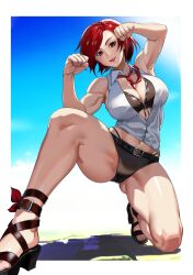 Rule 34 | 1girl, armpits, bare shoulders, biceps, breasts, crop top, cropped shirt, flexing, highres, large breasts, lips, looking at viewer, makeup, mature female, midriff, muscular, muscular female, navel, necktie, red eyes, red hair, red necktie, sandals, short hair, sleeveless, smile, snk, solo, the king of fighters, vanessa (kof), yagi (joe731842)