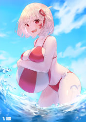 Rule 34 | 1girl, :d, absurdres, arm under breasts, ball, beachball, bikini, blonde hair, blue sky, bow, bow bikini, breasts, hair ribbon, highres, holding, holding ball, holding beachball, large breasts, looking at viewer, lycoris recoil, nishikigi chisato, ocean, one side up, open mouth, red bikini, red eyes, red ribbon, ribbon, shiny skin, short hair, sky, smile, solo, standing, swimsuit, takamaki kei, thighs, wading, water, white bow
