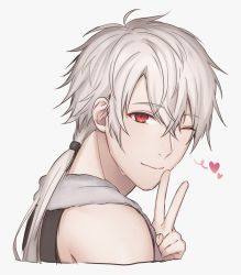 Rule 34 | 1boy, ;), albino, blue background, closed mouth, eyebrows, hair between eyes, heart, highres, long hair, male focus, one eye closed, ponytail, red eyes, seica, simple background, smile, solo, susanghan messenger, sweat, upper body, v, white hair, zen (susanghan messenger)