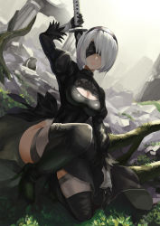 Rule 34 | bad id, bad pixiv id, black dress, black hairband, blindfold, boots, cleavage cutout, clothing cutout, covered eyes, dress, facing viewer, feather-trimmed sleeves, grass, hairband, high heel boots, high heels, highres, holding, holding sword, holding weapon, juliet sleeves, leotard, long sleeves, mole, mole under mouth, nier (series), nier:automata, on one knee, pillar, pink lips, puffy sleeves, ribbed dress, riko (ccllnnhh), ruins, silver hair, squatting, sword, sword behind back, thigh boots, thighhighs, thighhighs under boots, thighs, vambraces, weapon, white leotard, 2b (nier:automata)