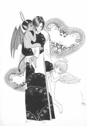 Rule 34 | androgynous, angel, black hair, bob cut, count d, demon, demon tail, demon wings, gender request, greyscale, halo, horns, japanese clothes, kimono, monochrome, petshop of horrors, short hair, tail, wings