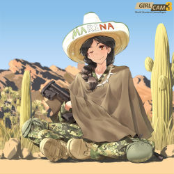 Rule 34 | 1girl, assault rifle, black hair, braid, cactus, camouflage, day, gun, hat, highres, indian style, knee pads, on ground, one eye closed, orange eyes, original, outdoors, poncho, rifle, sitting, solo, sombrero, tanto (tc1995), weapon
