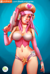 Rule 34 | 1girl, adapted costume, alternate costume, alternate hair color, arcade (league of legends), breasts, blowing bubbles, chewing gum, cleavage, didi esmeralda, gun, hat, league of legends, midriff, navel, pink hair, miss fortune (league of legends), solo, weapon