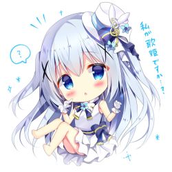 Rule 34 | 1girl, ?, azumi kazuki, bare shoulders, barefoot, blue bow, blue eyes, blue flower, blue hair, blush, bow, chestnut mouth, chibi, commentary request, dress, flower, full body, gloves, gochuumon wa usagi desu ka?, hair between eyes, hair ornament, hands up, hat, kafuu chino, layered dress, long hair, looking at viewer, mini hat, parted lips, pleated dress, simple background, sleeveless, sleeveless dress, solo, spoken question mark, tilted headwear, translation request, treble clef, two side up, very long hair, white background, white bow, white dress, white gloves, white hat, x hair ornament
