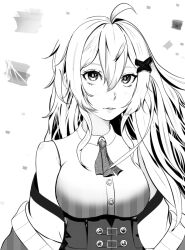 Rule 34 | 1girl, antenna hair, arms at sides, bare shoulders, breasts, erispheria, espurrfan, eyebrows, eyelashes, female focus, hair ornament, high-waist skirt, indie virtual youtuber, jacket, jacket partially removed, large breasts, lips, long hair, looking at viewer, monochrome, nose, parted lips, shirt, simple background, skirt, sleeveless, sleeveless shirt, solo, teeth, upper body, virtual youtuber, x hair ornament