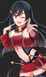 Rule 34 | 1girl, absurdres, black hair, black thighhighs, breasts, cleavage cutout, clothing cutout, commentary, commission, cropped shirt, dagger, ear piercing, finger to mouth, grey eyes, highres, jewelry, knife, long hair, long sleeves, looking at viewer, love live!, love live! nijigasaki high school idol club, medium breasts, navel, one eye closed, one side up, open mouth, piercing, pointing, pointing at viewer, red skirt, sheath, sheathed, skirt, solo, standing, stomach, teeth, thighhighs, upper body, upper teeth only, v-shaped eyebrows, weapon, whin, yuki setsuna