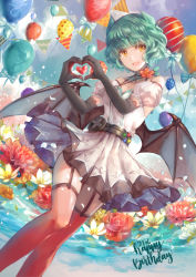 Rule 34 | 1girl, :d, aqua hair, bahamut dianwan zixun zhan, balloon, belt, black gloves, blue bow, bow, dragon horns, dragon wings, elbow gloves, flower, flower on water, garter straps, gloves, happy birthday, heart, heart hands, helen (helentsang), horns, jewelry, looking at viewer, open mouth, pendant, petals, red thighhighs, shirt, short hair, short sleeves, skirt, smile, solo, string of flags, thighhighs, water, white shirt, white skirt, wings, yellow eyes
