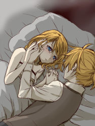 Rule 34 | 1boy, 1girl, adolescence (vocaloid), bare arms, bare shoulders, blonde hair, blush, brother and sister, camisole, comforting, crying, crying with eyes open, eye contact, face-to-face, flat chest, frilled camisole, frills, hair ornament, tucking hair, hairclip, hand on another&#039;s cheek, hand on another&#039;s face, hand on another&#039;s hand, interlocked fingers, kagamine len, kagamine rin, looking at another, lying, on bed, on side, pale skin, parted lips, pillow, sad, setora, short hair, short ponytail, siblings, spaghetti strap, strap slip, tears, twins, under covers, vocaloid, white camisole