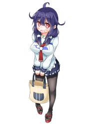 Rule 34 | 10s, 1girl, absurdres, ahoge, bag, black pantyhose, blush, breasts, hair flaps, hair ornament, heart, heart-shaped pupils, highres, kantai collection, long hair, looking at viewer, low twintails, magatama, open mouth, pantyhose, purple hair, red eyes, school uniform, serafuku, simple background, skirt, smile, solo, symbol-shaped pupils, taigei (kancolle), twintails, yamanashi