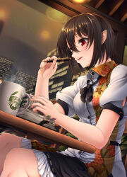 Rule 34 | 1girl, black hair, black skirt, collared shirt, comiket 101, commentary request, cup, frilled skirt, frills, highres, holding, holding pen, indoors, looking at viewer, mug, no headwear, nuppa, parted lips, pen, pointy ears, red eyes, shameimaru aya, shirt, short hair, short sleeves, sitting, skirt, solo, starbucks, touhou, white shirt