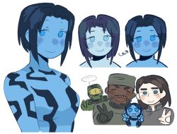 Rule 34 | ..., 2boys, 2girls, armor, black gloves, blue eyes, blue skin, blush, brown hair, colored skin, commentary, cortana, english commentary, facial hair, gloves, goatee stubble, green hat, green helmet, grey jacket, hair behind ear, halo (series), halo 2, hat, hoshizora lone, jacket, looking at viewer, looking to the side, master chief, mini person, minigirl, miranda keyes, multiple boys, multiple girls, multiple views, power armor, sergeant johnson, short hair, smile, spartan (halo), spoken ellipsis, stubble, v, v-shaped eyebrows