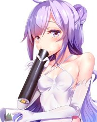 Rule 34 | 1girl, azur lane, bare shoulders, blush, breasts, collarbone, commentary request, dress, ehoumaki, elbow gloves, fellatio, food, food on face, gloves, halter dress, halterneck, highres, long hair, looking at viewer, makizushi, purple eyes, purple hair, rice, rice on face, sexually suggestive, silly (marinkomoe), simple background, simulated fellatio, small breasts, solo, sushi, unicorn (azur lane), upper body, white background, white dress, white gloves