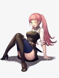 Rule 34 | 1girl, belt, black footwear, blue thighhighs, blunt bangs, boots, breasts, dirty, dirty clothes, dirty face, female focus, fire emblem, fire emblem: three houses, full body, garreg mach monastery uniform, high heel boots, high heels, highres, hilda valentine goneril, knee boots, knees together feet apart, large breasts, long hair, matching hair/eyes, miniskirt, moyashi mou2, neckerchief, nintendo, one eye closed, open mouth, pink eyes, pink hair, scabbard, shadow, sheath, sheathed, simple background, sitting, skirt, sleeves rolled up, solo, sword, thighhighs, thighhighs under boots, thighs, twintails, weapon, white background, zettai ryouiki