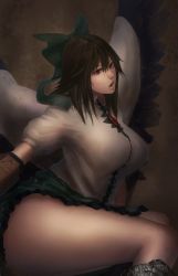 Rule 34 | 1girl, arm cannon, bird wings, black hair, black wings, bow, breasts, cape, dark, female focus, hair bow, hair ornament, large breasts, long hair, looking at viewer, minami koyogi, open mouth, puffy sleeves, red eyes, reiuji utsuho, shirt, short sleeves, simple background, sitting, skirt, solo, thick thighs, thighs, third eye, touhou, weapon, wings