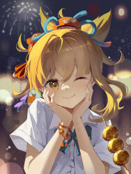 Rule 34 | 1girl, alternate costume, biubiubiu, blonde hair, blue bow, blue bowtie, blurry, bokeh, bow, bowtie, bracelet, closed mouth, collared shirt, commentary request, depth of field, fireworks, genshin impact, hands on own cheeks, hands on own face, highres, jewelry, long hair, looking at viewer, one eye closed, orange hair, pink nails, shirt, short sleeves, skewer, smile, solo, t-shirt, upper body, white shirt, yoimiya (genshin impact)