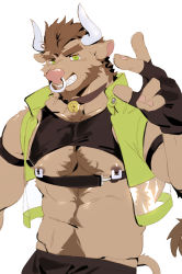 Rule 34 | 1boy, abs, animal ears, armband, bara, beard, black pants, body fur, brown fur, brown hair, chest hair, chest harness, cow ears, cow horns, cow tail, cowboy shot, cropped jacket, facial hair, fingerless gloves, forked eyebrows, furry, furry male, gloves, green eyes, green jacket, harness, highres, horns, jacket, large pectorals, male focus, minotaur, muscular, muscular male, navel, navel hair, nipples, nose piercing, nose ring, original, pants, pectorals, piercing, seato-hao, short hair, snout, solo, stomach, tail, thick eyebrows, underpec