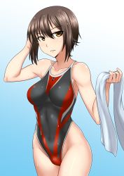 Rule 34 | 10s, 1girl, black hair, black one-piece swimsuit, blue background, breasts, breasts apart, brown eyes, collarbone, competition swimsuit, cross, girls und panzer, gradient background, groin, hair between eyes, hand on own head, hand up, highleg, highleg swimsuit, highres, holding, iron cross, kunashiri (etorofu), looking at viewer, nishizumi maho, one-piece swimsuit, parted lips, short hair, sidelocks, skin tight, solo, standing, swimsuit, towel, wet, wet clothes, wet hair, white towel
