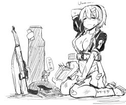 Rule 34 | 2girls, bandages, blush, boots, breasts, cleavage, closed eyes, closed mouth, commentary, damaged, dirty, english commentary, fairy (kancolle), greyscale, gun, intrepid (kancolle), junes, kantai collection, large breasts, long hair, mini person, minigirl, monochrome, multiple girls, neck pillow, open clothes, open shirt, ponytail, rifle, shirt, short sleeves, simple background, sitting, sketch, skirt, tears, torn clothes, torn shirt, torn skirt, weapon