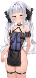 Rule 34 | 1girl, absurdres, bare shoulders, blush, bottomless, bow, collarbone, dress, frills, grey hair, hair bow, highres, hololive, long hair, mizuongaku, murasaki shion, short eyebrows, simple background, solo, thigh strap, thighs, twintails, very long hair, virtual youtuber, white background, yellow eyes