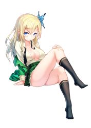 Rule 34 | 10s, 1girl, bad id, bad pixiv id, blonde hair, blue eyes, blush, boku wa tomodachi ga sukunai, breasts, butterfly hair ornament, cleavage, hair ornament, hand on own knee, kashiwazaki sena, kneehighs, long hair, looking at viewer, mouth hold, necktie, open clothes, open shirt, pandinus, plaid, plaid skirt, school uniform, shirt, skirt, smile, socks, solo, untied