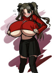 Rule 34 | 1girl, black hair, black thighhighs, blue eyes, blush, bow, breast expansion, breasts, fate/stay night, fate (series), gigantic breasts, hair bow, long hair, matsu-sensei, navel, no bra, skirt, solo, sweater, thighhighs, tohsaka rin, two side up, underboob, undersized clothes, wince, zettai ryouiki