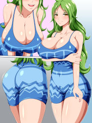 Rule 34 | 1girl, artist request, ass, breasts, cleavage, gradient background, green hair, large breasts, long hair, monet (one piece), one piece, parted bangs, smile, solo, tagme