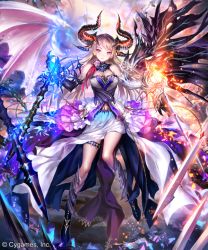 Rule 34 | 1girl, asymmetrical wings, black footwear, black gloves, black wings, blonde hair, blue skirt, breasts, cleavage, closed mouth, elbow gloves, floating hair, full body, gloves, gradient skirt, horns, irua, large breasts, long hair, looking at viewer, magic, midriff, red eyes, shadowverse, skirt, solo, stomach, sword, thigh strap, very long hair, weapon, white gloves, white skirt, white wings, wings