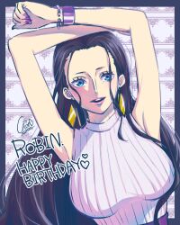 Rule 34 | 1girl, arms up, black hair, blue eyes, bracelet, chaa (aoichar522 ), commentary request, dated, earrings, eyelashes, hair slicked back, happy birthday, highres, jewelry, long hair, looking at viewer, loose hair strand, nico robin, one piece, outside border, pink lips, purple nails, shirt, solo, turtleneck, turtleneck shirt, upper body