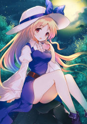 Rule 34 | 1girl, :d, bad id, bad pixiv id, blonde hair, blue bow, blue dress, blue ribbon, blush, boots, bow, breasts, collared shirt, dress, food, frilled shirt, frills, fruit, full moon, hat, hayama eishi, holding, holding food, holding fruit, juliet sleeves, long sleeves, moon, night, open mouth, outdoors, peach, puffy sleeves, red eyes, ribbon, rock, shirt, sleeves past wrists, smile, solo, star (sky), sun hat, touhou, tree, watatsuki no toyohime, white shirt, wide sleeves, wind