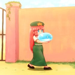 Rule 34 | 1girl, blue eyes, braid, carrying, commentary request, day, gate, green skirt, hat, hong meiling, long hair, long skirt, outdoors, puffy short sleeves, puffy sleeves, red hair, shirosato, short sleeves, skirt, skirt set, slime (creature), touhou, walking, wall