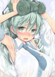 Rule 34 | 1girl, armpits, arms up, bare shoulders, blush, bra, breasts, chikado, colored eyelashes, detached sleeves, gas mask, green eyes, green hair, hair between eyes, hair ornament, hair tubes, hot, kochiya sanae, large breasts, looking at viewer, mask, matching hair/eyes, necktie, open mouth, see-through, snake hair ornament, solo, star (symbol), star print, sweat, touhou, underwear, upper body