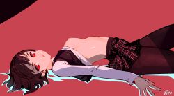 Rule 34 | 1girl, arched back, artist name, black skirt, braid, breasts, breasts out, brown hair, highres, looking at viewer, lying, niijima makoto, on back, on floor, open clothes, optionaltypo, pantyhose, persona, persona 5, pleated skirt, red background, school uniform, sexually suggestive, shirt, short hair, shuujin academy school uniform, skirt, solo, standing, white shirt