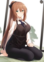 Rule 34 | 1girl, alternate costume, apron, arm behind back, bad id, bad pixiv id, barefoot, black apron, black pants, blue neckwear, blush, breasts, brown hair, closed mouth, collared shirt, commentary request, copiz, door, girls&#039; frontline, green eyes, hair between eyes, hair ornament, highres, holding, indoors, large breasts, long hair, long sleeves, looking at viewer, mimikaki, on floor, pants, ponytail, seiza, shirt, sitting, smile, solo, springfield (girls&#039; frontline), very long hair, white shirt