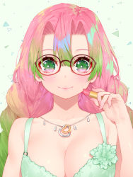 Rule 34 | 1girl, aqua background, aqua bra, bare arms, bare shoulders, bespectacled, blush, bra, braid, breasts, cleavage, closed mouth, collarbone, cosmetics, glasses, gradient hair, green eyes, green hair, hair between eyes, heart, heart necklace, highres, holding, holding lipstick tube, jewelry, kanroji mitsuri, kimetsu no yaiba, large breasts, lipstick tube, long hair, looking at viewer, mole, mole under eye, multicolored eyes, multicolored hair, necklace, pink eyes, pink hair, red-framed eyewear, simple background, skindentation, smile, solo, triangle, twin braids, underwear, underwear only, upper body, waterring
