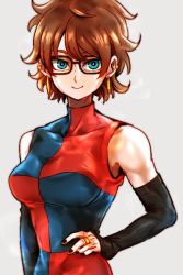 Rule 34 | 1girl, alternate hairstyle, android 21, arm at side, bare shoulders, black nails, blue dress, blue eyes, breasts, checkered clothes, checkered dress, dragon ball, dragon ball fighterz, dress, earrings, elbow gloves, fingerless gloves, fingernails, glasses, gloves, grey background, hand on own hip, jewelry, kemachiku, looking at viewer, nail polish, red dress, red hair, ring, short hair, simple background, smile, solo, two-tone dress, upper body
