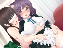 Rule 34 | 2girls, animal ears, black hair, blindfold, blush, grabbing another&#039;s breast, breasts, cat ears, curvy, glasses, grabbing, grabbing from behind, kozue akari, large breasts, long hair, looking at another, looking back, maid, multiple girls, open mouth, original, purple hair, short hair, thick thighs, yellow eyes, yuri